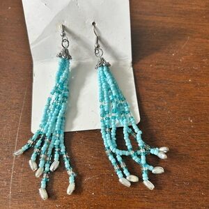 Elegant Turquoise Beaded Tassel Earrings with Tibetan like caps- handmade- new